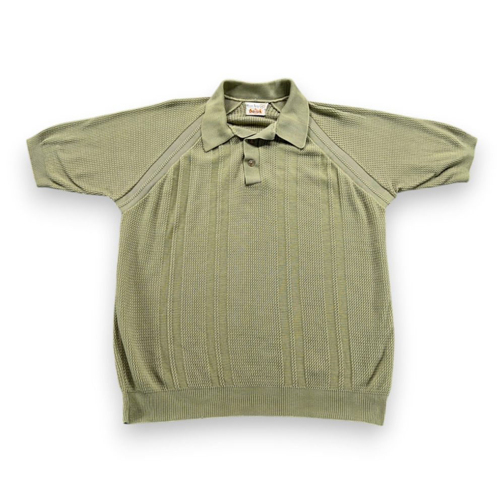Vintage Campus Polo Shirt Adult LARGE Green Ban Lon Knit Textured Mod USA 60s